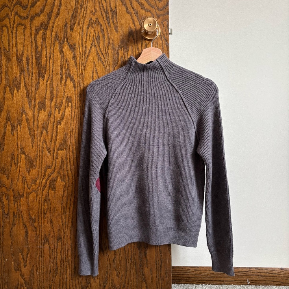 Modcloth Size X-Small Brown Heart Elbow Patch Mock-Neck Grey Long Sleeve Sweater - Picture 2 of 7